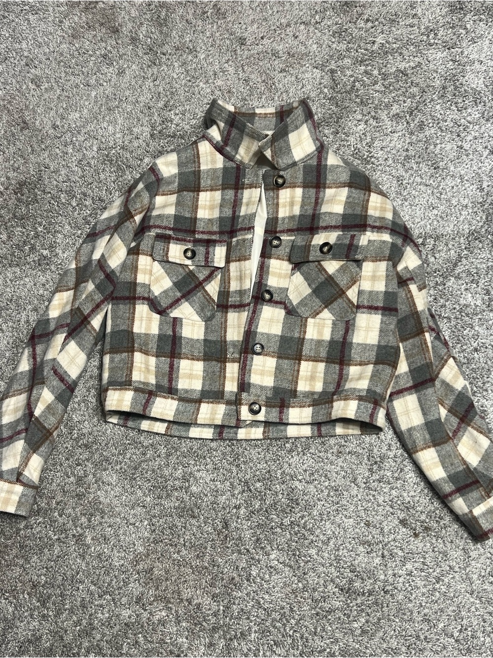 Pink Lily Cropped Plaid Shacket Jacket - Gray, Cream & Burgundy